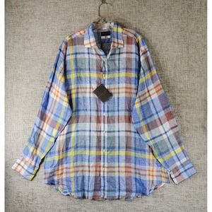 Thomas Dean Collection Italian Linen Shirt Mens 2XL Plaid Long Sleeve Button NWT